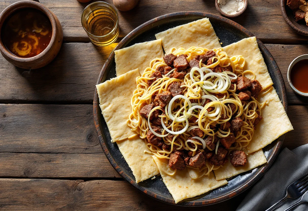 A photo of Beshbarmak, a noodles dish from Kazakhstan