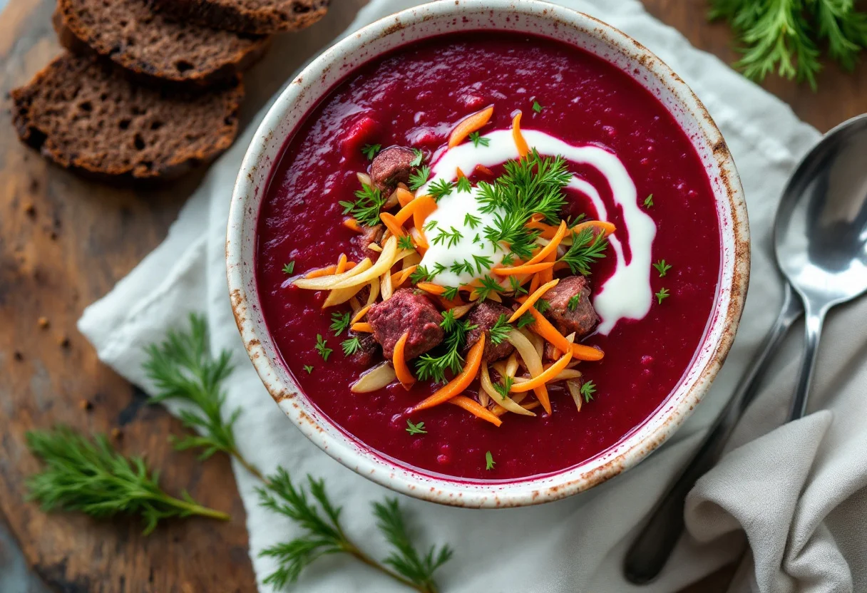 A photo of Borscht, a vegetables dish from Ukraine