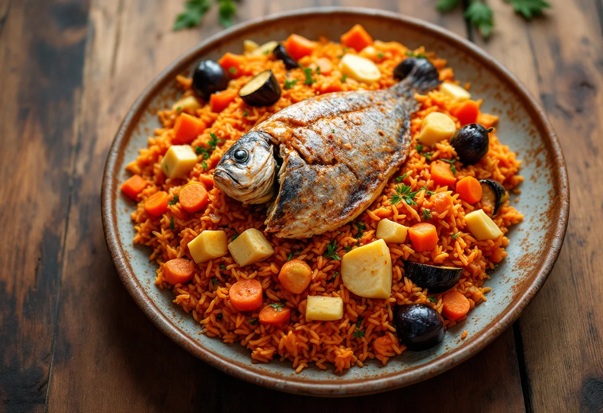 A photo of Thieboudienne, a rice dish from Senegal